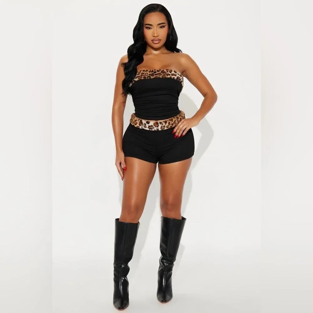 Love The Chase Faux Fur Trim Short Set - Black - Picture 3 of 3